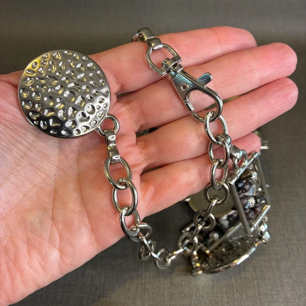 Vintage Chain Belt Hammered Silver Medallion Wood Shell Bead Mixed Media 34-41